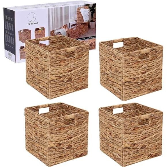 Foldable Handwoven Water Hyacinth Storage Baskets Wicker Cube Baskets